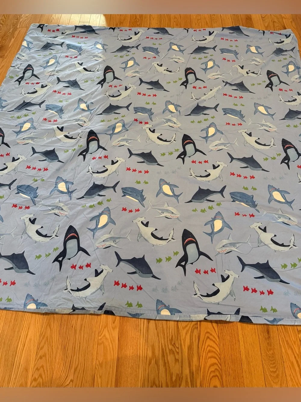 Pottery Barn Kids Shark Bite duvet cover featuring blue sharks